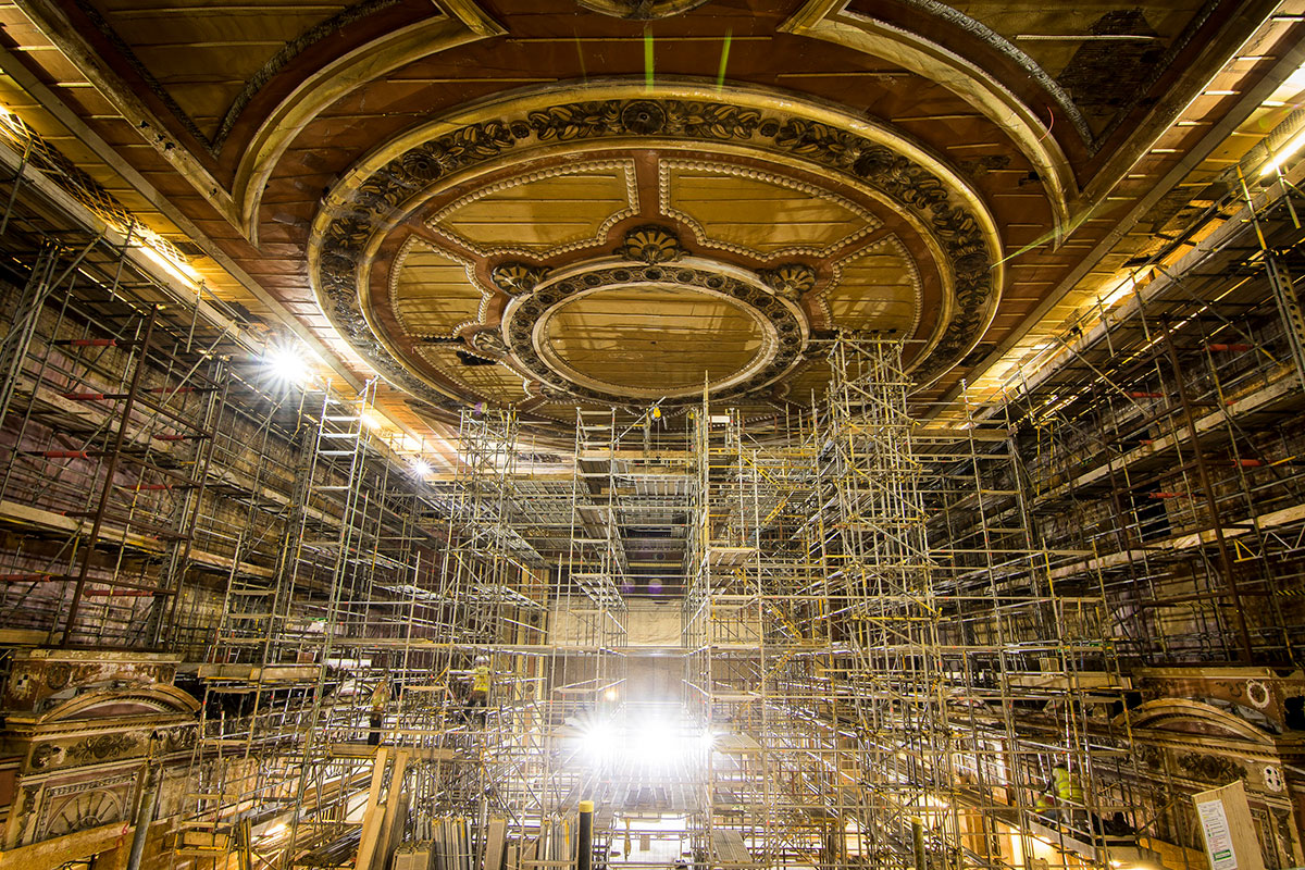 Auditorium at Alexandra Palace under reconstruction with scaffolding.