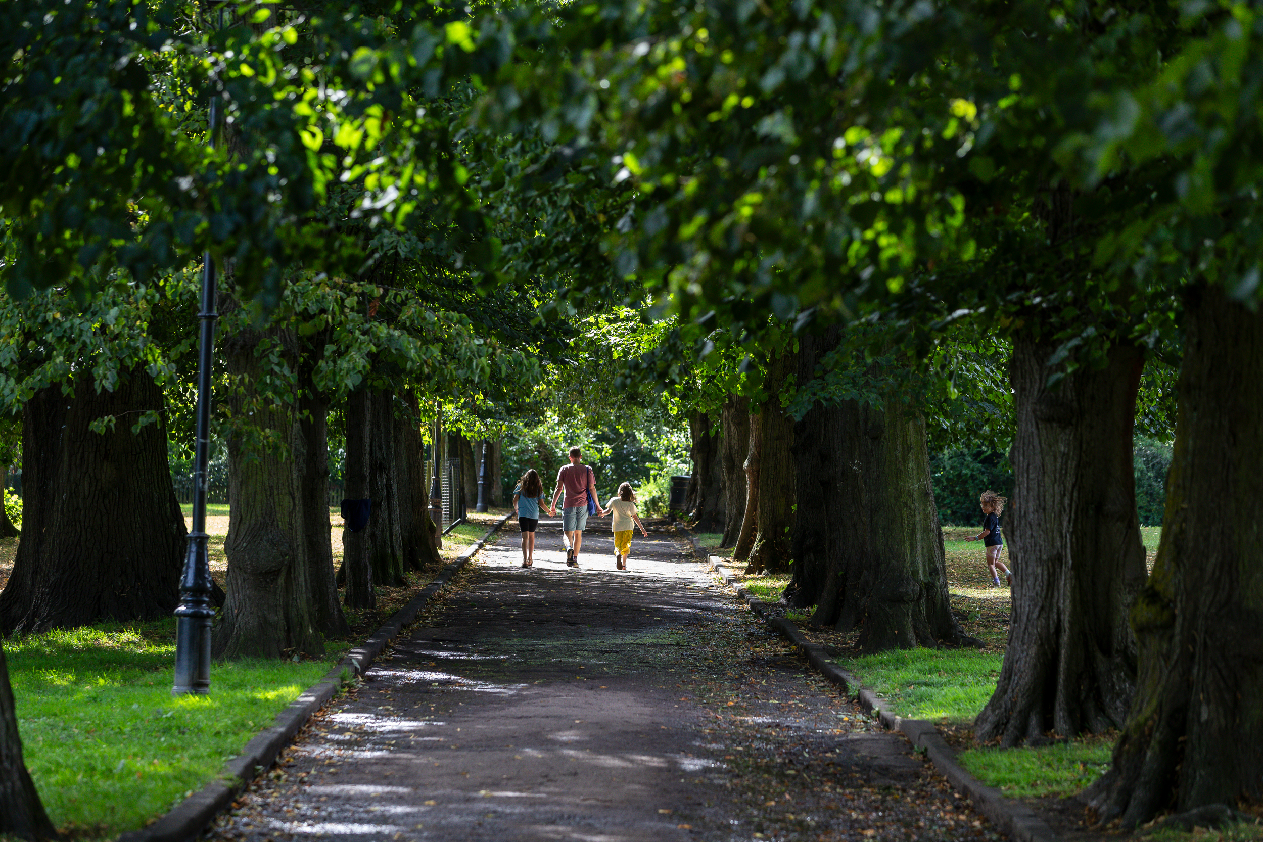 An adult and two children walking down a tree shaded path surrounded by trees and grass.