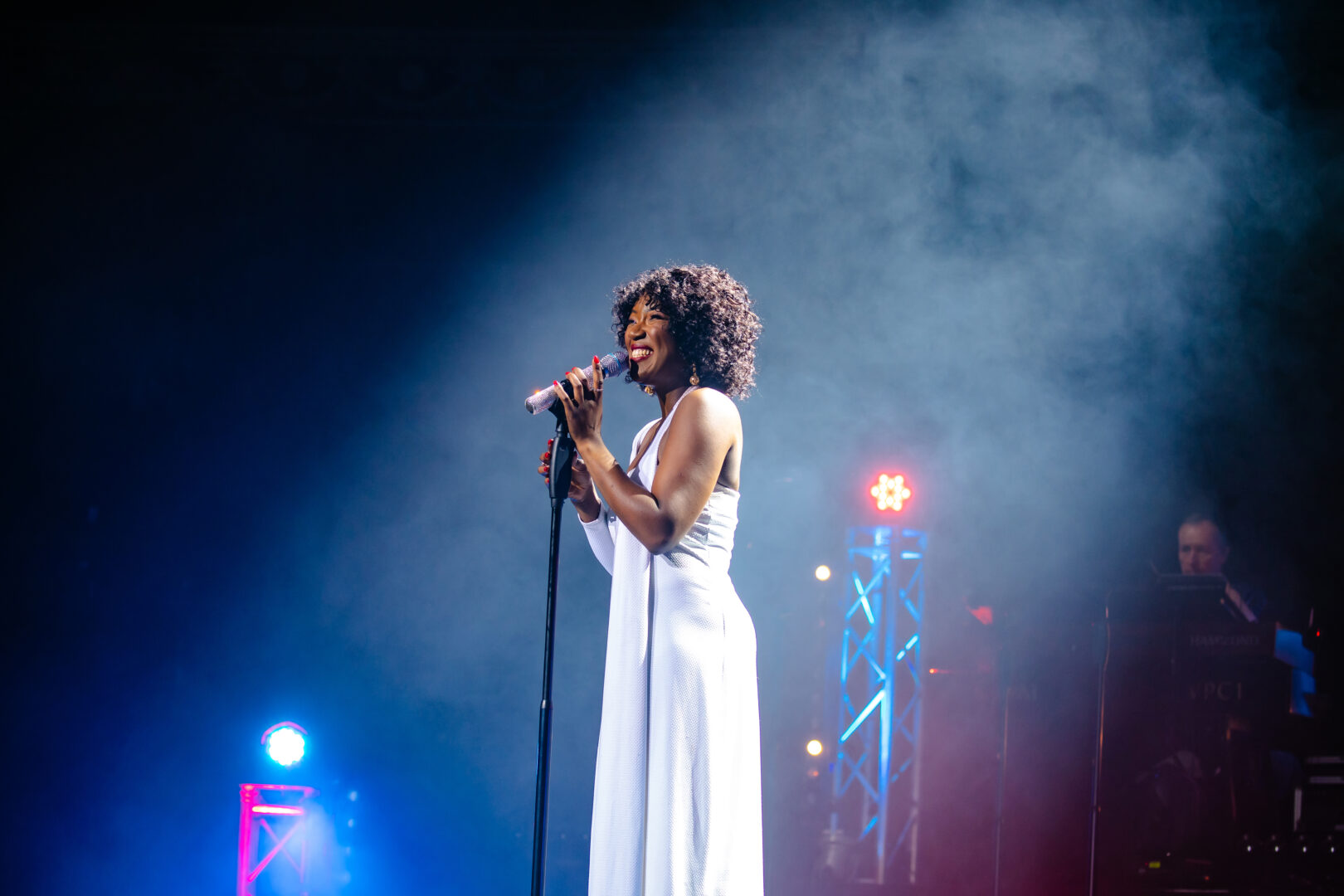 A production shot of the show 'Whitney: Queen of the night'. Whitney Houston is portrayed by Adenike Adewale.